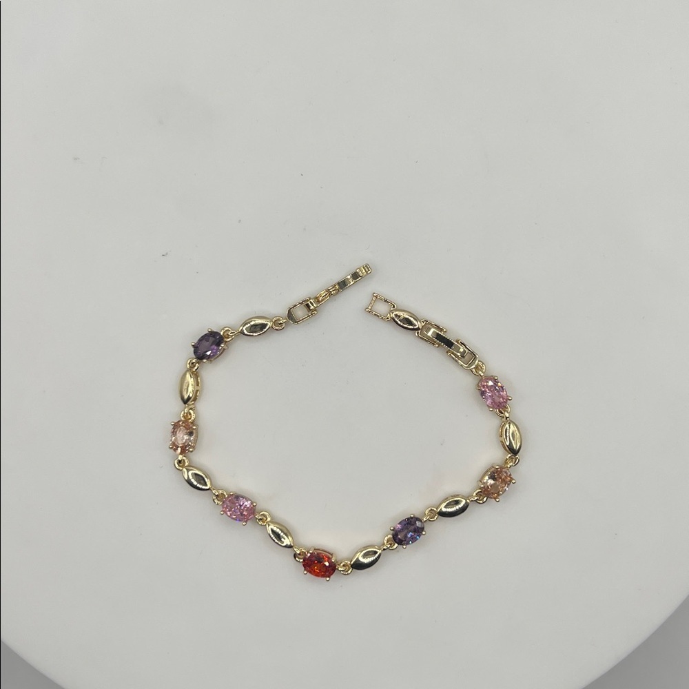 01. 18k Gold Plated over Brass Multicolor Gemstone Bracelet 6 1/2” - 7 1/2”